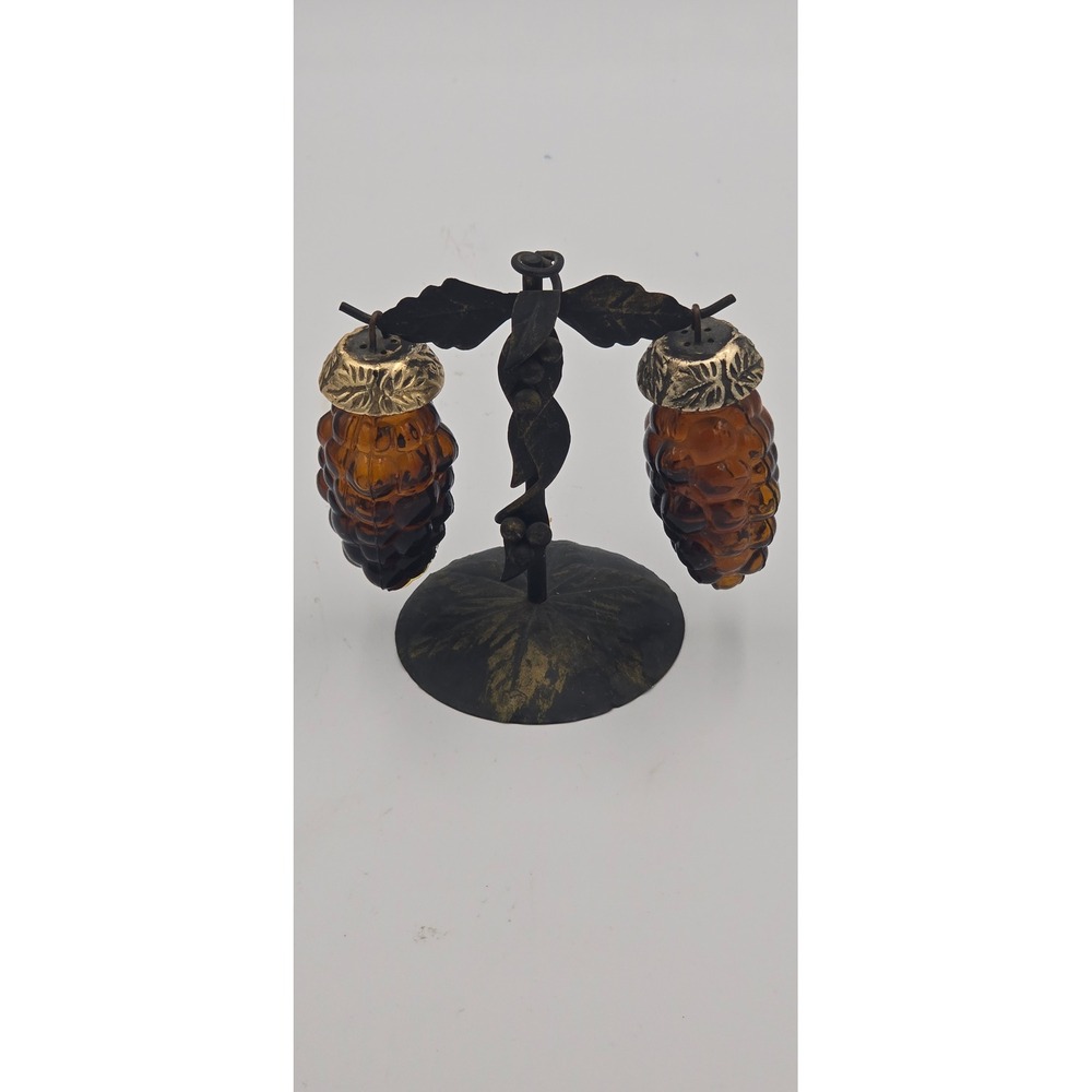 Vtg 1970s Hanging Amber Glass Grape Salt & Pepper Shakers Metal Vine Stand
